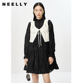 NEELLY纳俪商场同款气质立领黑色连衣裙两件套中长款大摆A字裙 N23012Y01046