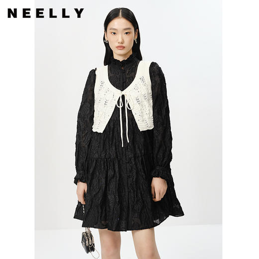 NEELLY纳俪商场同款气质立领黑色连衣裙两件套中长款大摆A字裙 N23012Y01046 商品图0