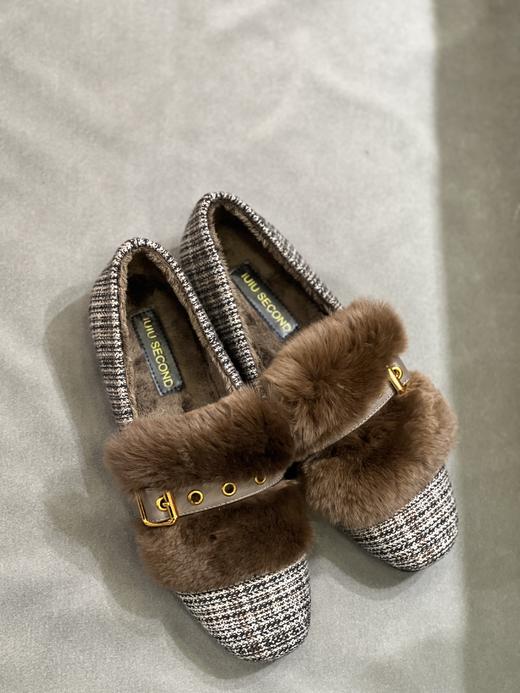 IUIU SECOND 2022新款加绒拼格一脚蹬毛毛鞋U22CM34129 商品图4