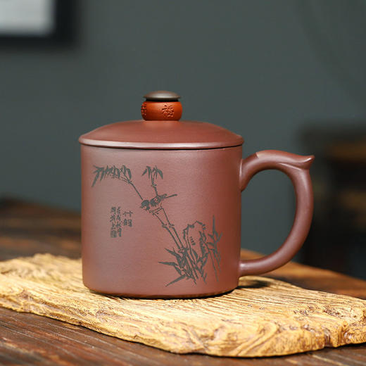 宜兴智慧紫砂福来运转杯460ml紫泥手工直筒指环盖钮泡茶杯礼盒装 商品图1