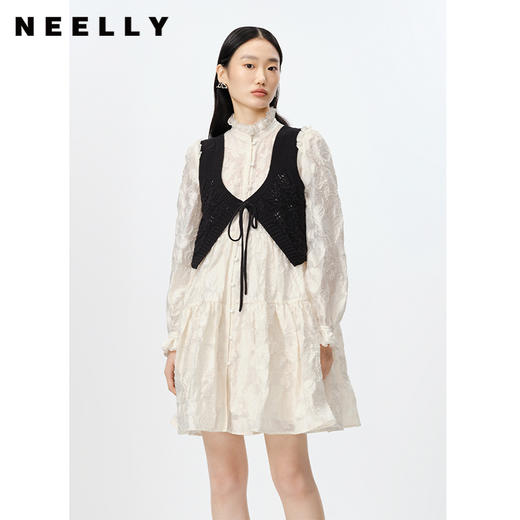 NEELLY纳俪商场同款气质立领黑色连衣裙两件套中长款大摆A字裙 N23012Y01046 商品图2