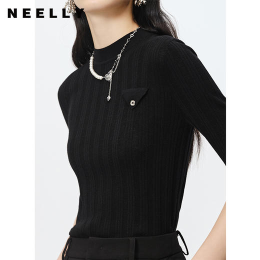 NEELLY纳俪商场同款半高领针织衫女竖坑条显瘦毛衣五分袖修身上衣 商品图3
