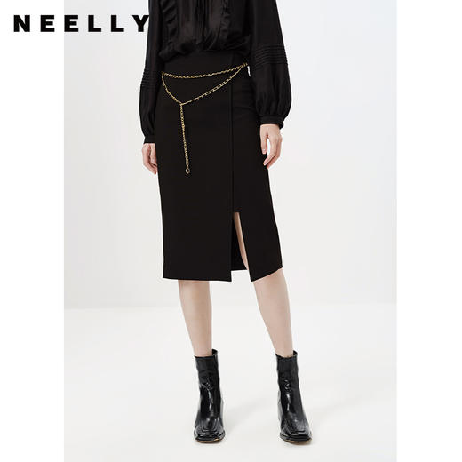 NEELLY纳俪商场同款黑色下开叉半身裙女百搭中长款A字裙时尚N23011E01023 商品图0