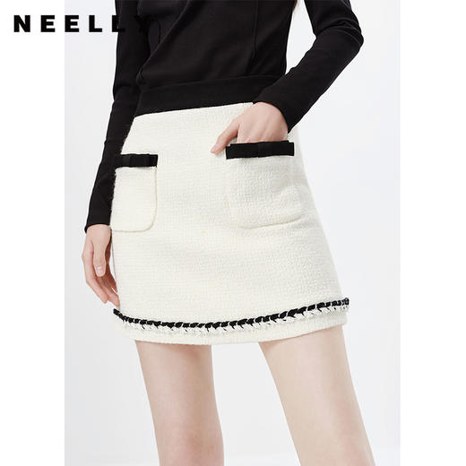 NEELLY纳俪商场同款小香风半身裙女撞色高腰A字裙时尚百搭短裙N23011E01021 商品图3