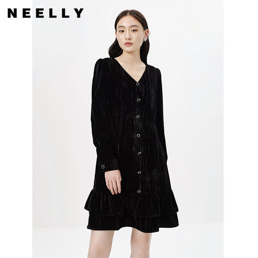 NEELLY纳俪商场同款黑色连衣裙女气质v领中长款A字裙春季新款N23011Y01019 商品图2