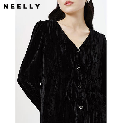 NEELLY纳俪商场同款黑色连衣裙女气质v领中长款A字裙春季新款N23011Y01019 商品图3