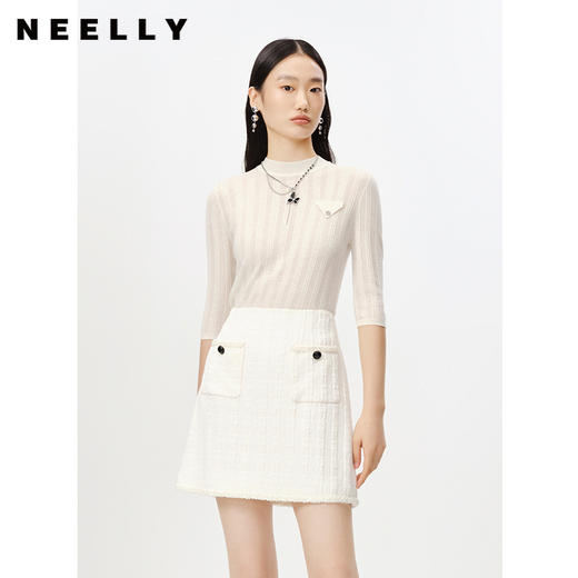 NEELLY纳俪商场同款半高领针织衫女竖坑条显瘦毛衣五分袖修身上衣 商品图0