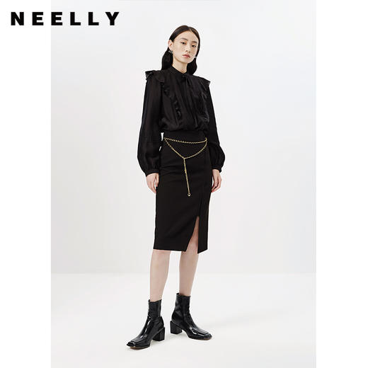NEELLY纳俪商场同款黑色下开叉半身裙女百搭中长款A字裙时尚N23011E01023 商品图1