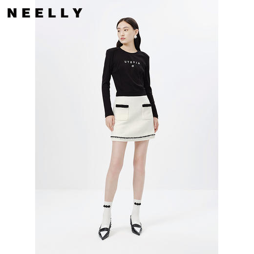 NEELLY纳俪商场同款小香风半身裙女撞色高腰A字裙时尚百搭短裙N23011E01021 商品图1