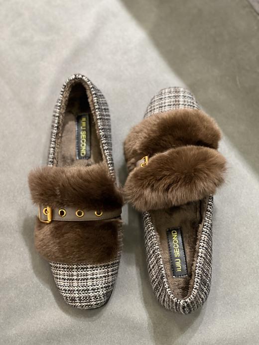 IUIU SECOND 2022新款加绒拼格一脚蹬毛毛鞋U22CM34129 商品图2