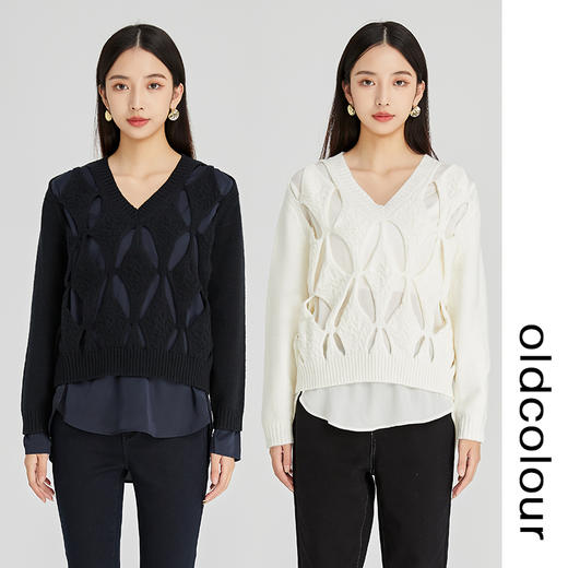 oldcolour2022年冬季新款通勤时尚气质风显瘦V领镂空毛织套头衫女N44052446 商品图0