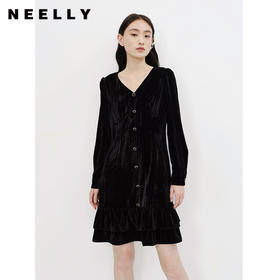 NEELLY纳俪商场同款黑色连衣裙女气质v领中长款A字裙春季新款N23011Y01019