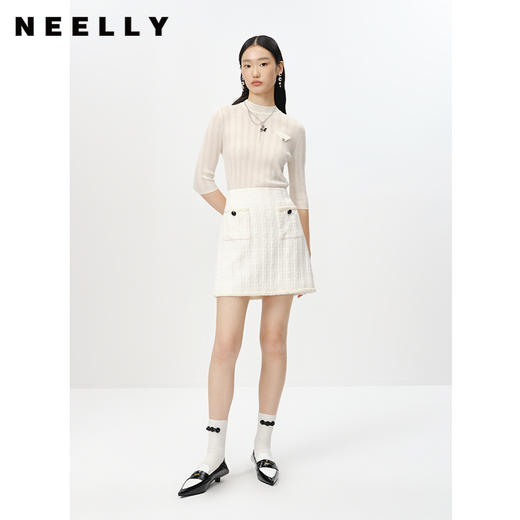 NEELLY纳俪商场同款半高领针织衫女竖坑条显瘦毛衣五分袖修身上衣 商品图1
