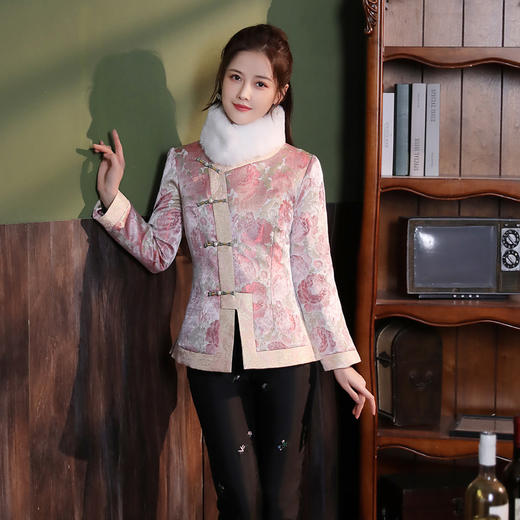 ZSM-211218 2022唐装加厚棉衣小袄粉色文艺夹棉宽松保暖立领气质年轻款女棉服 商品图1