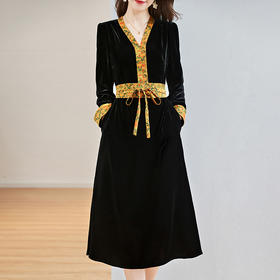 SM 82298699丝绒真丝连衣裙气质香云纱V领裙