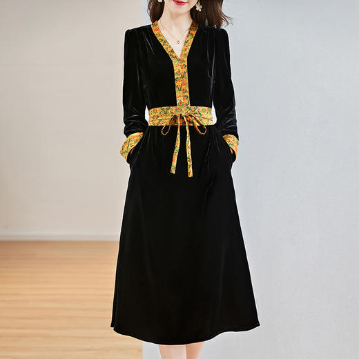 SM 82298699丝绒真丝连衣裙气质香云纱V领裙 商品图0