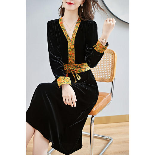 SM 82298699丝绒真丝连衣裙气质香云纱V领裙 商品图1