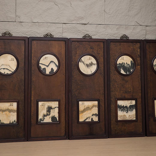 民国 红木镶楠木嵌云石天圆地方八条屏 商品图3