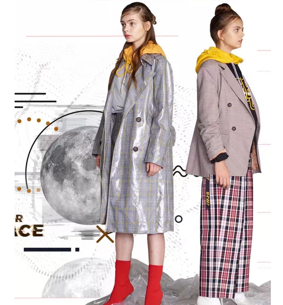 八一  J1-1 JUCY JUDY 韩版格子长款风衣外套 JSCA728A