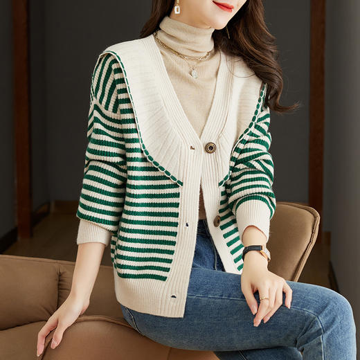 条纹针织开衫，外搭短款女士毛衣外套CC-CC-26-7001 商品图0