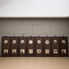 民国 红木镶楠木嵌云石天圆地方八条屏