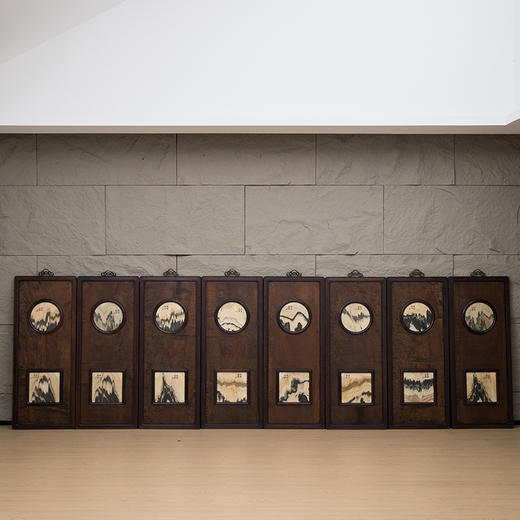 民国 红木镶楠木嵌云石天圆地方八条屏 商品图0