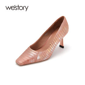 westory高级感蛇皮高跟鞋女早春新款镀金单鞋小方头细跟质感女鞋W22AE53811