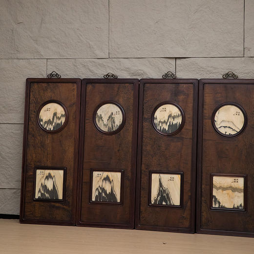 民国 红木镶楠木嵌云石天圆地方八条屏 商品图4