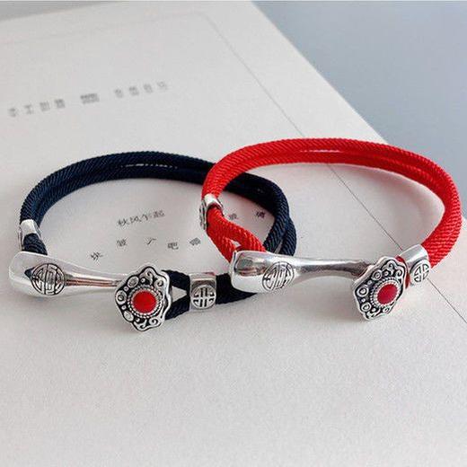 民族风如意吉祥红绳脚绳情侣编织925银男女年年有米复古手链脚链 商品图2