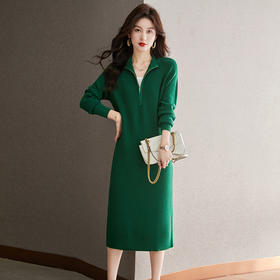 宽松针织连衣裙，拉链外穿过膝厚款毛衣裙子CC-22-3651