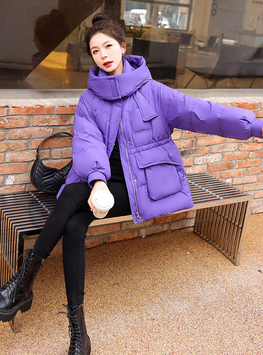 休闲连帽羽绒服，中长款收腰抽绳加厚保暖外套HR-ANY828 商品图4