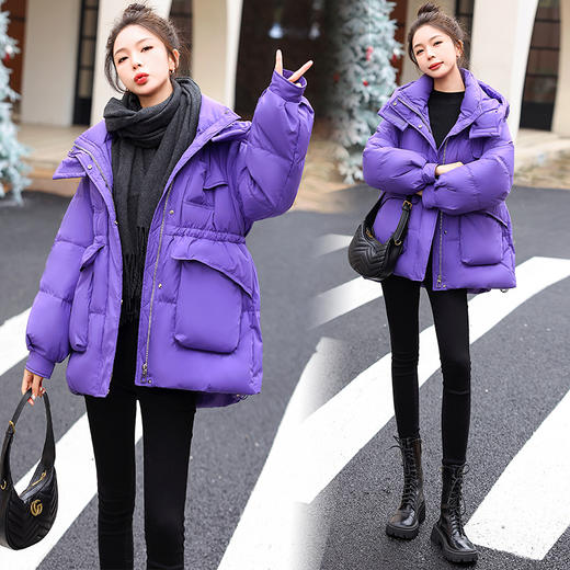 休闲连帽羽绒服，中长款收腰抽绳加厚保暖外套HR-ANY828 商品图3