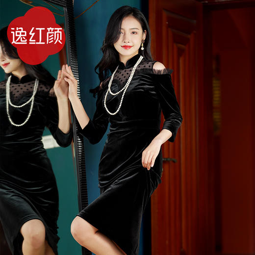 逸红颜春季新款女装春晥晚黑色新款连衣裙女丝绒连衣裙女长袖波点 商品图3