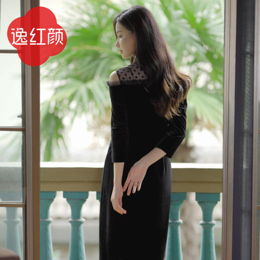 逸红颜春季新款女装春晥晚黑色新款连衣裙女丝绒连衣裙女长袖波点 商品图4