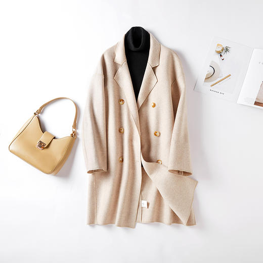 丁摩 秋冬双面羊绒羊毛高端双排扣赫本风宽松羊毛外套大衣Q122065-DW599 商品图2