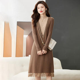 设计感蕾丝花边拼接，假两件针织连衣裙CC-J1076