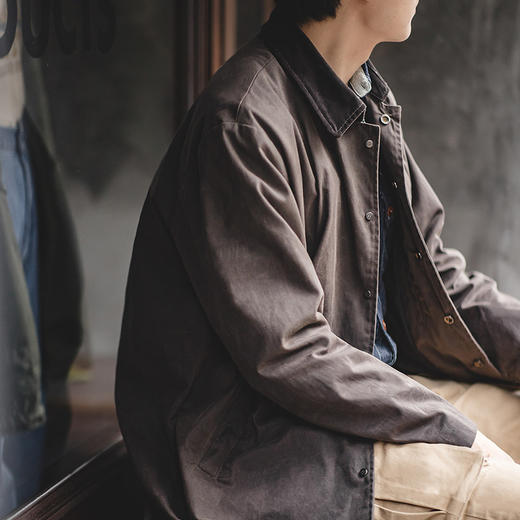 工装优选 美式复古翻领油蜡风衣咖色防水中长款英伦风大衣外套男秋 商品图3