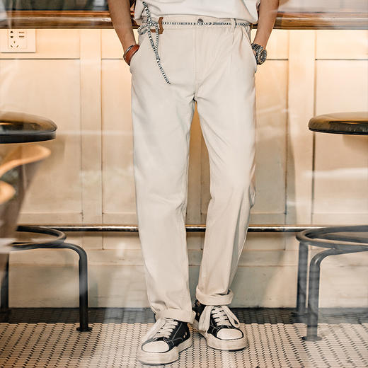 工装优选 美式复古棉籽壳暗格纹休闲裤宽松直筒米色百搭长裤子男秋 商品图3