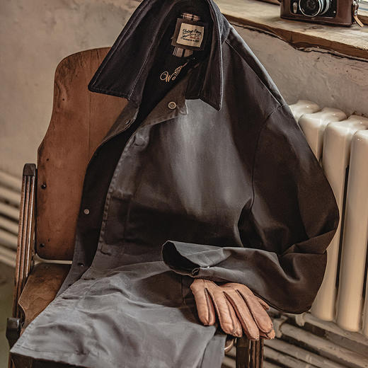 工装优选 美式复古翻领油蜡风衣咖色防水中长款英伦风大衣外套男秋 商品图4