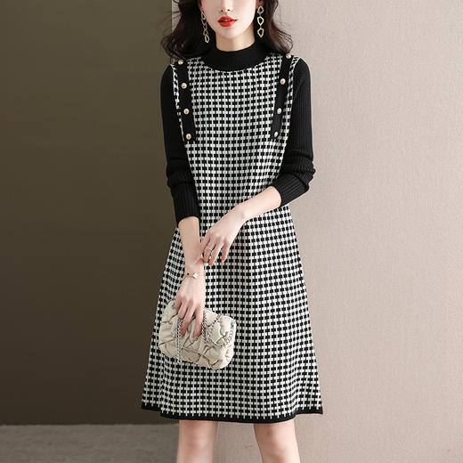千鸟格针织连衣裙，秋冬配大衣打底毛衣裙CC-28-6121 商品图4