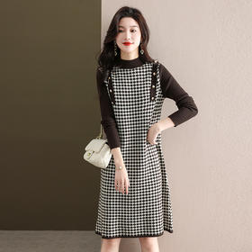 千鸟格针织连衣裙，秋冬配大衣打底毛衣裙CC-28-6121