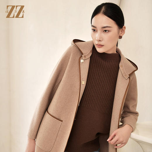 佐尔美冬季新款 气质连帽绵羊毛双面呢中褛外套女E24SM06 商品图3