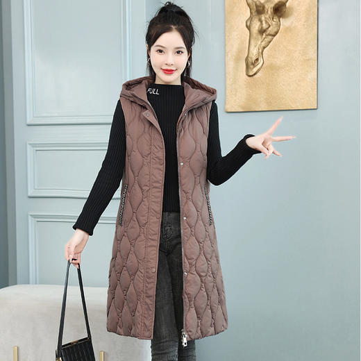 YZ-D8826 2023秋冬新款韩版修身马甲女纯色长款气质连帽坎肩过膝羽绒棉马夹 商品图1
