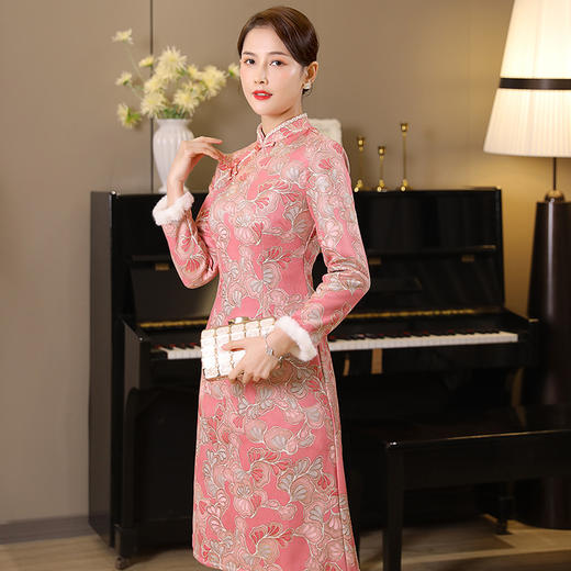 MNS-6298麂皮绒加绒中长款修身旗袍 商品图3