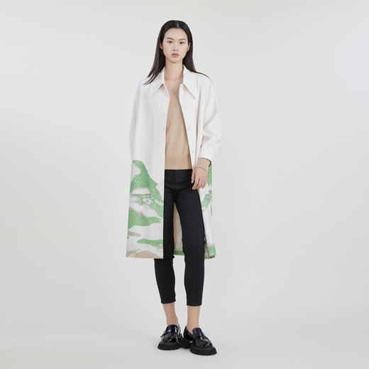 谜底长风衣女2023春季新款复古法式尖领长款印花外套女231ME0047 商品图0