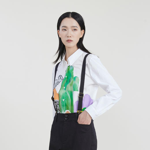 谜底纯棉衬衫女2023春季新款原创设计印花翻领白上衣女231MC0118 商品图1