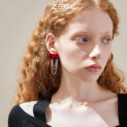 ZEGL红色丝绒蝴蝶结耳环女小众设计感高级流苏耳钉秋冬新年耳饰品 商品图6