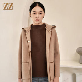 佐尔美冬季新款 气质连帽绵羊毛双面呢中褛外套女E24SM06