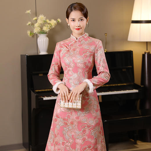 MNS-6298麂皮绒加绒中长款修身旗袍 商品图4