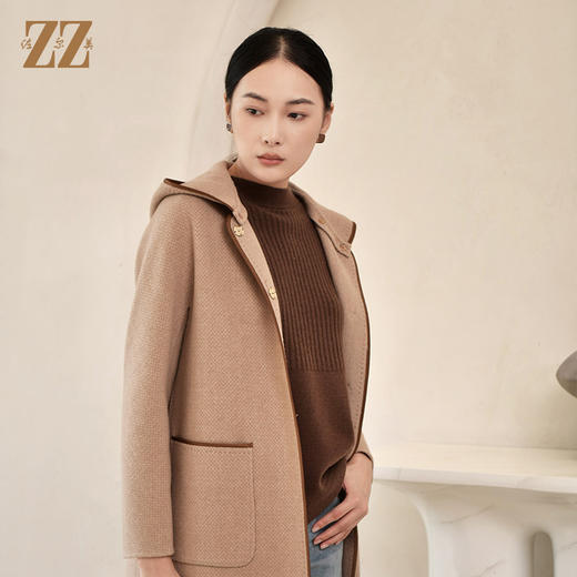 佐尔美冬季新款 气质连帽绵羊毛双面呢中褛外套女E24SM06 商品图1